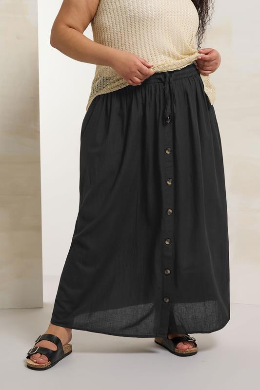 evans YOURS Curve Black Button Front Chambray Maxi Skirt