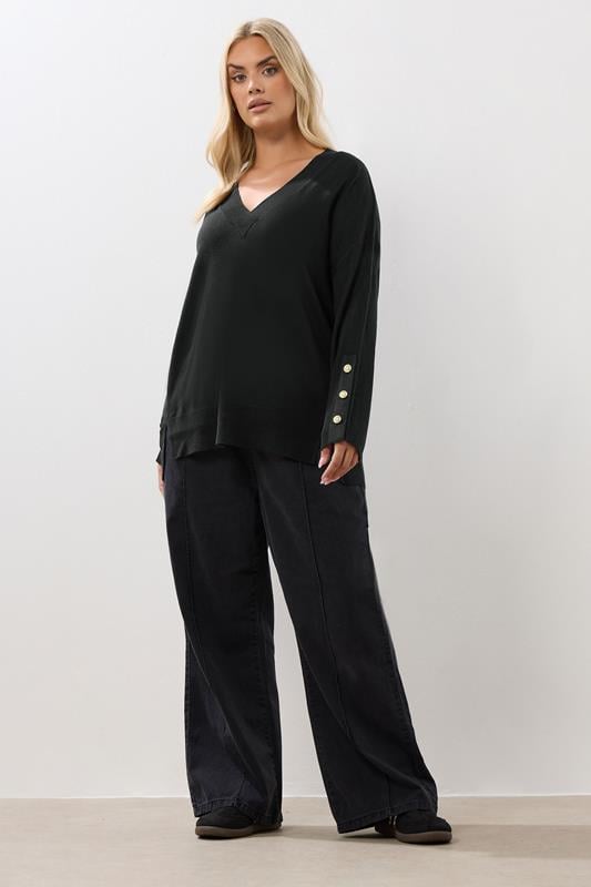 Evans YOURS Curve Black Button Sleeve V-Neck Jumper