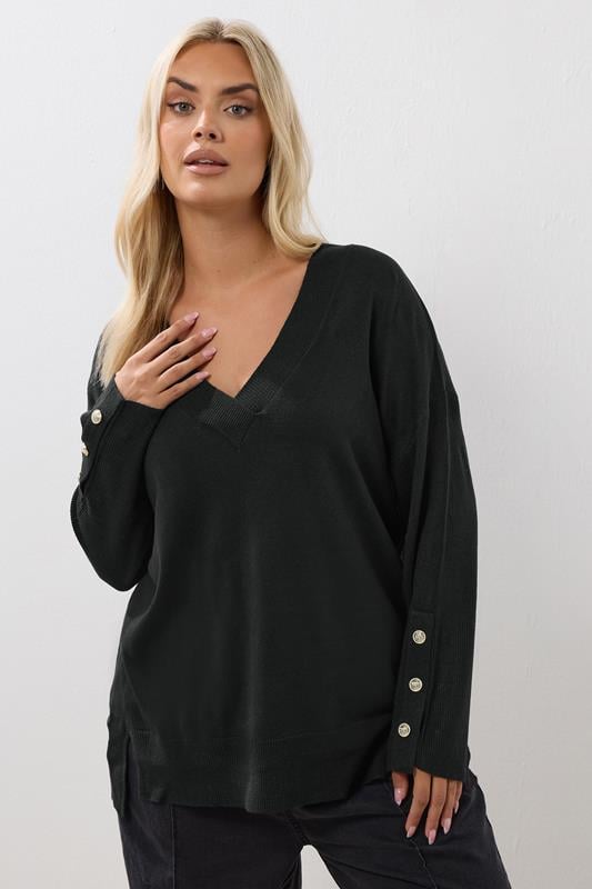 evans YOURS Curve Black Button Sleeve V-Neck Jumper