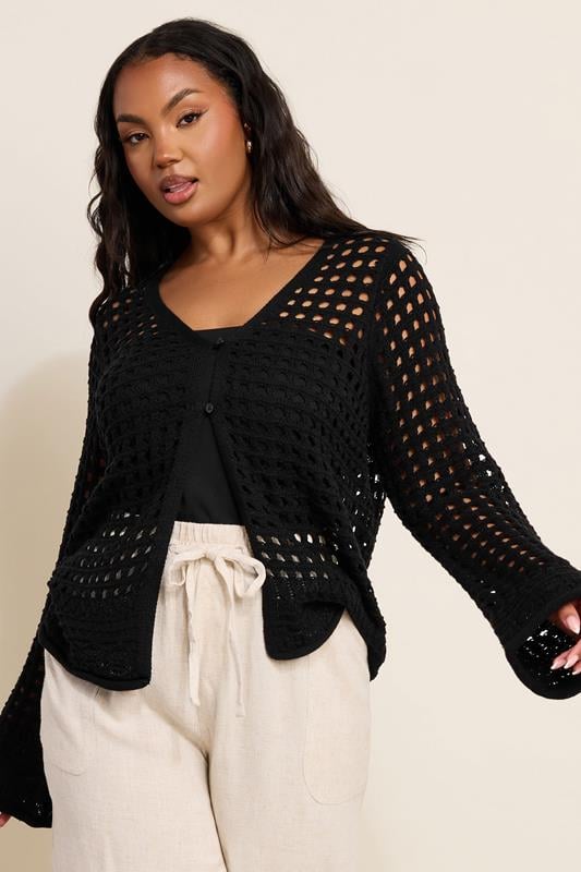 evans YOURS Curve Black Button Through Crochet Cardigan
