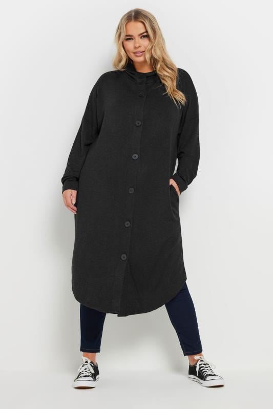 Evans YOURS Curve Black Button Through Hooded Maxi Cardigan