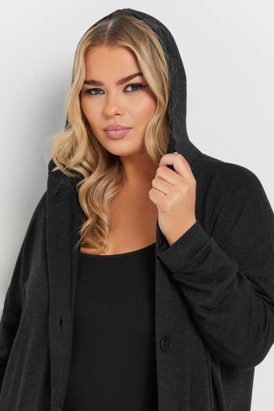 Evans YOURS Curve Black Button Through Hooded Maxi Cardigan