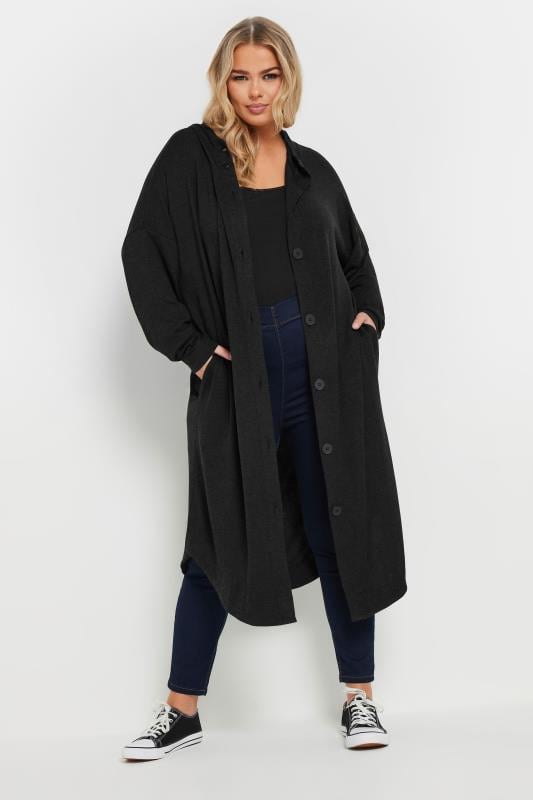 evans YOURS Curve Black Button Through Hooded Maxi Cardigan