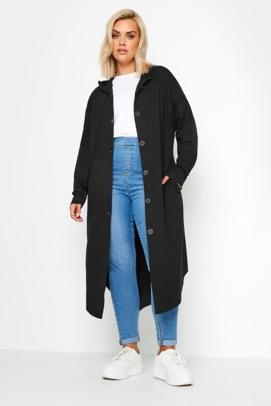Evans YOURS Curve Black Button Through Hooded Maxi Jacket