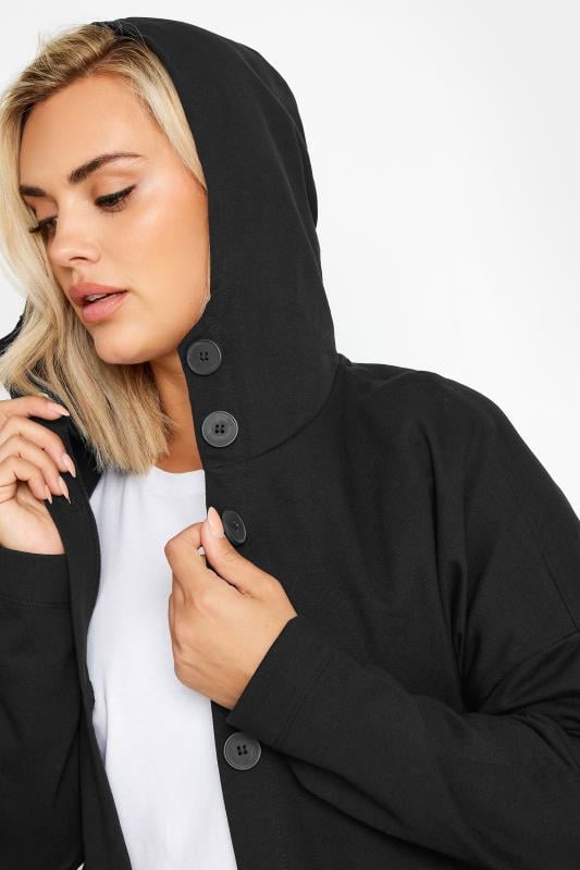 Evans YOURS Curve Black Button Through Hooded Maxi Jacket