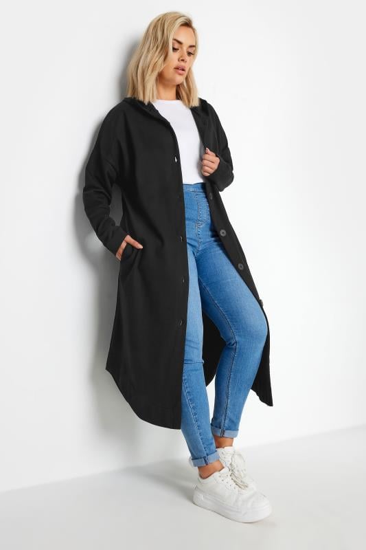 evans YOURS Curve Black Button Through Hooded Maxi Jacket