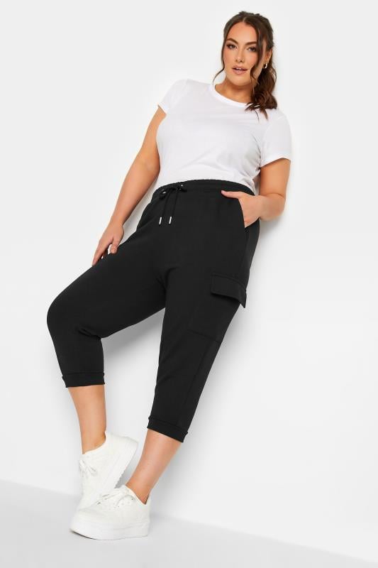 Evans YOURS Curve Black Cargo Pocket Cropped Joggers