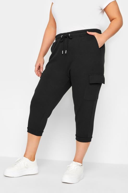 evans YOURS Curve Black Cargo Pocket Cropped Joggers