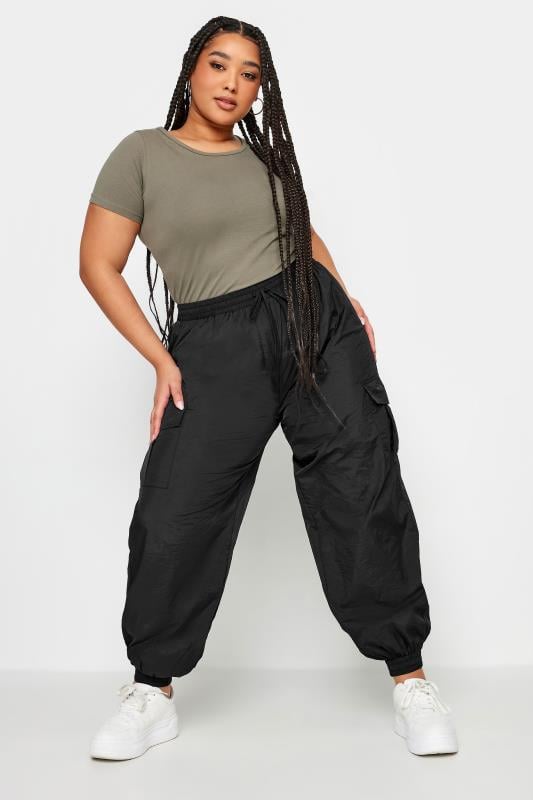 Evans YOURS Curve Black Cargo Pocket Parachute Trousers