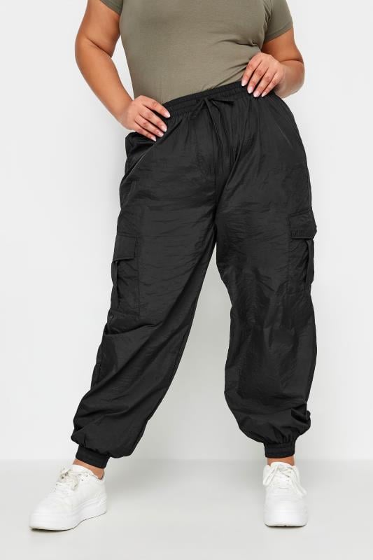 evans YOURS Curve Black Cargo Pocket Parachute Trousers