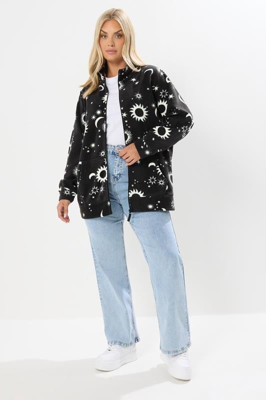 Evans YOURS Curve Black Celestial Zip Through Fleece Jacket