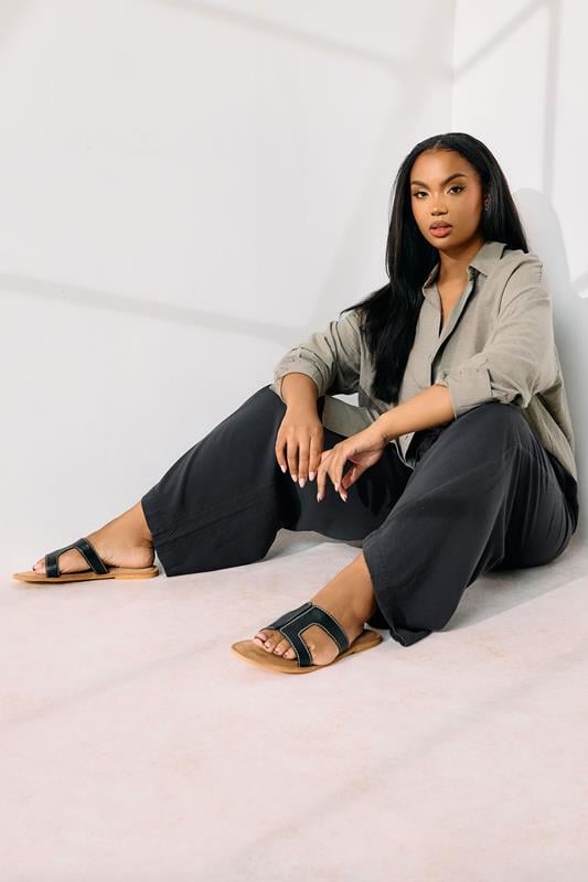 Evans YOURS Curve Black Chambray Tie Front Wide Leg Trousers