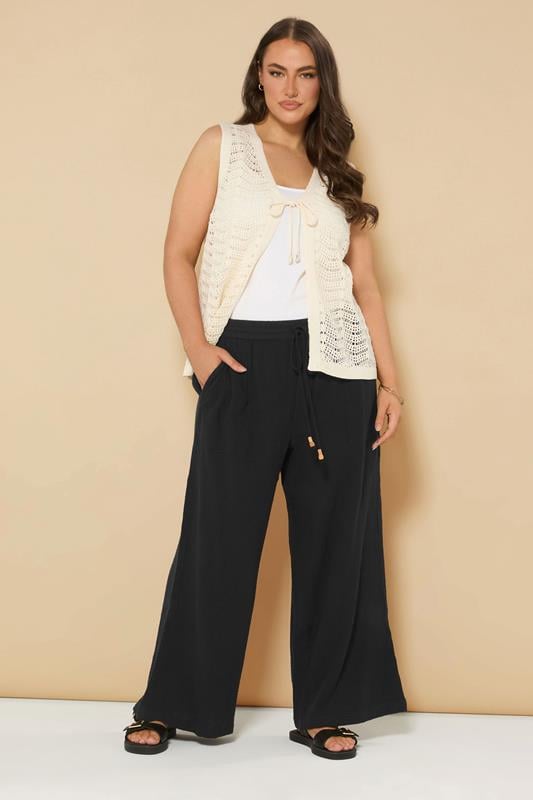 Evans YOURS Curve Black Cheesecloth Beaded Wide Leg Trousers
