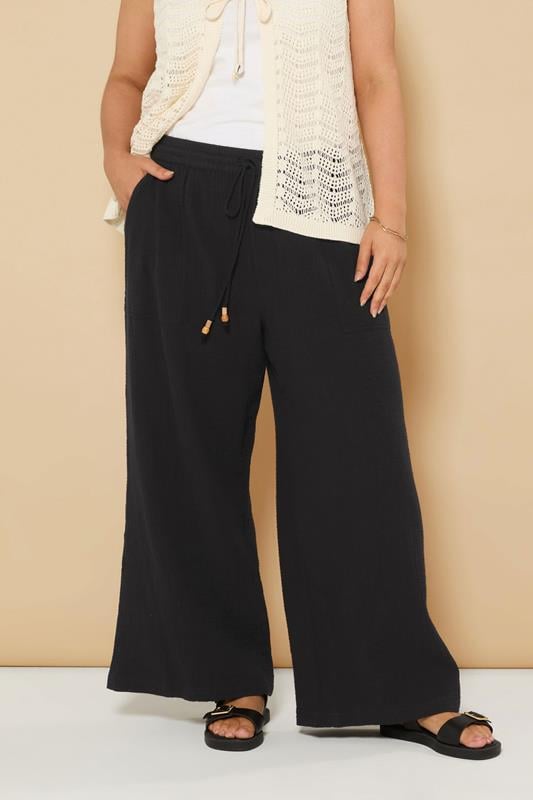evans YOURS Curve Black Cheesecloth Beaded Wide Leg Trousers