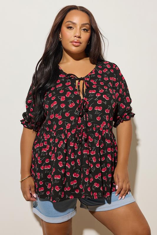 evans YOURS Curve Black Cherry Tie Front Peplum Top