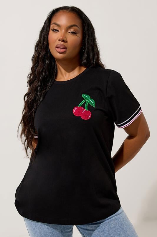 evans YOURS Curve Black Cherry Varsity Trim T-Shirt