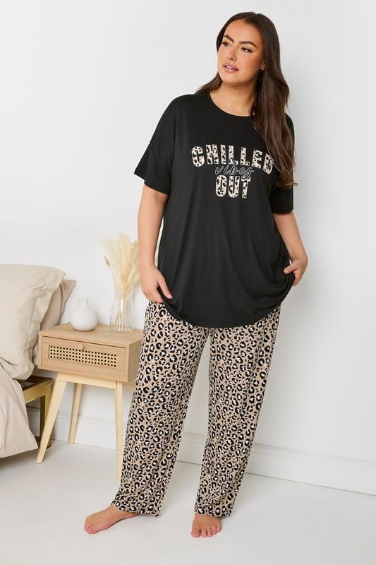 Evans YOURS Curve Black 'Chilled Out Vibes' Leopard Wide Leg Pyjama Set
