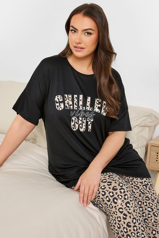 Evans YOURS Curve Black 'Chilled Out Vibes' Leopard Wide Leg Pyjama Set