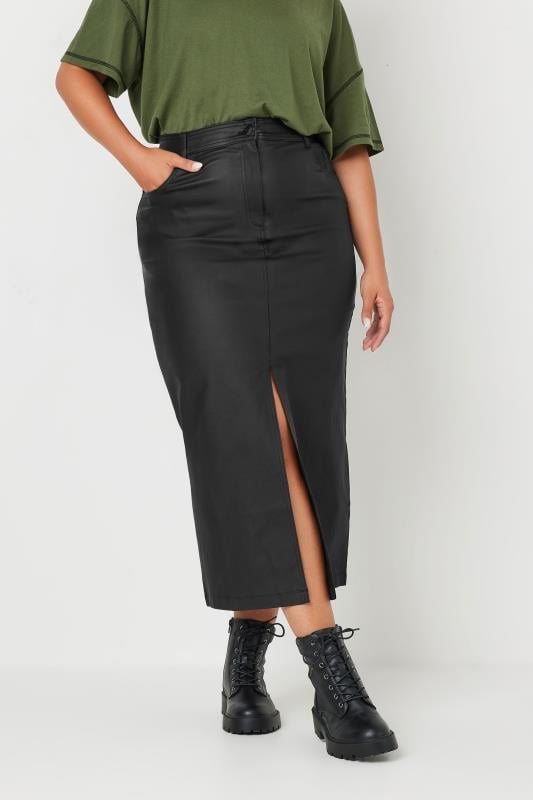 Evans YOURS Curve Black Coated Split Hem Midaxi Skirt