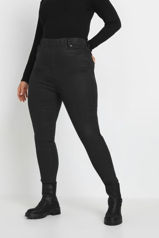 evans YOURS Curve Black Coated Stretch Pull On GRACE Jeggings