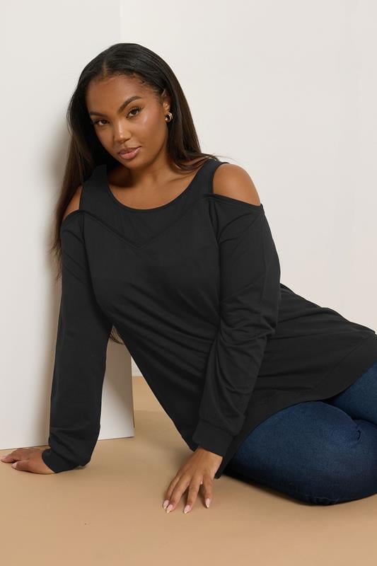 Evans YOURS Curve Black Cold Shoulder 2-In-1 Sweatshirt