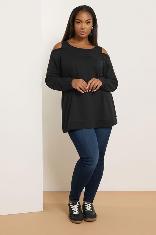 Evans YOURS Curve Black Cold Shoulder 2-In-1 Sweatshirt