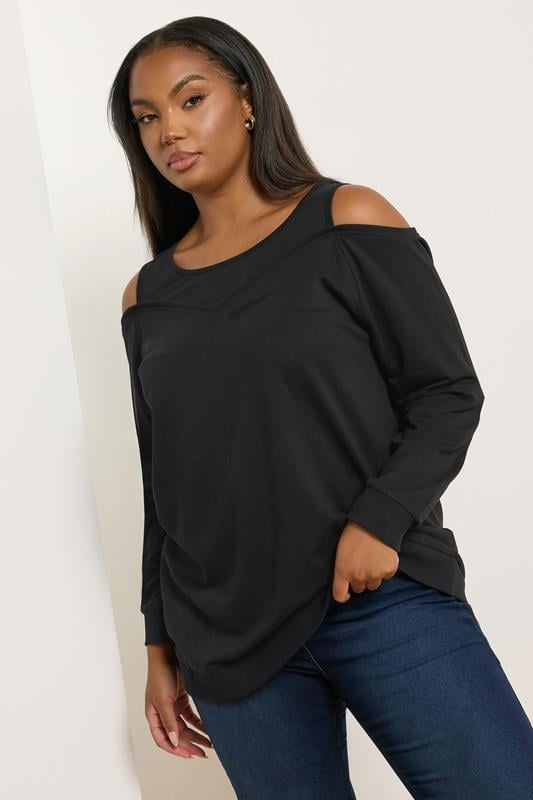 evans YOURS Curve Black Cold Shoulder 2-In-1 Sweatshirt
