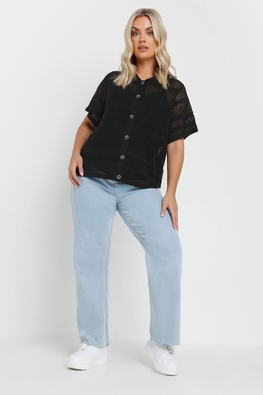Evans YOURS Curve Black Collared Crochet Knitted Top