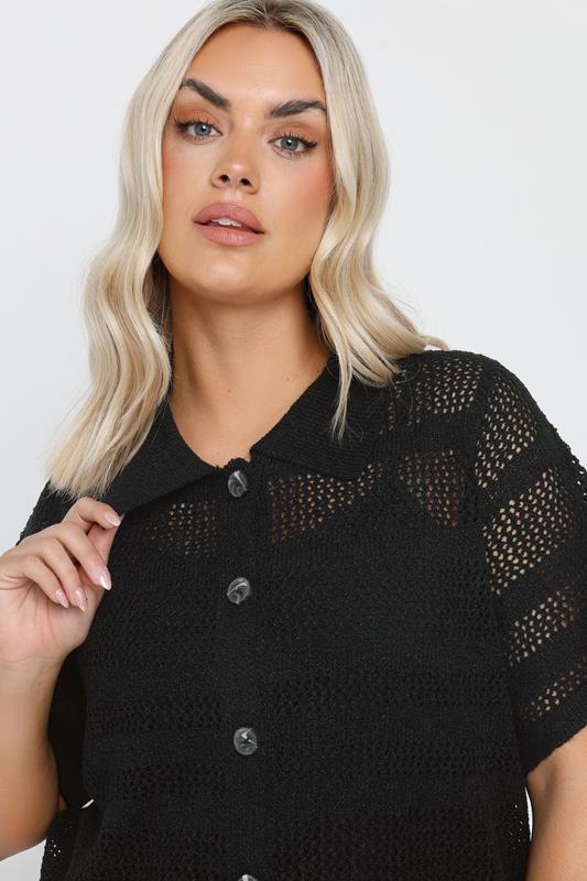 Evans YOURS Curve Black Collared Crochet Knitted Top