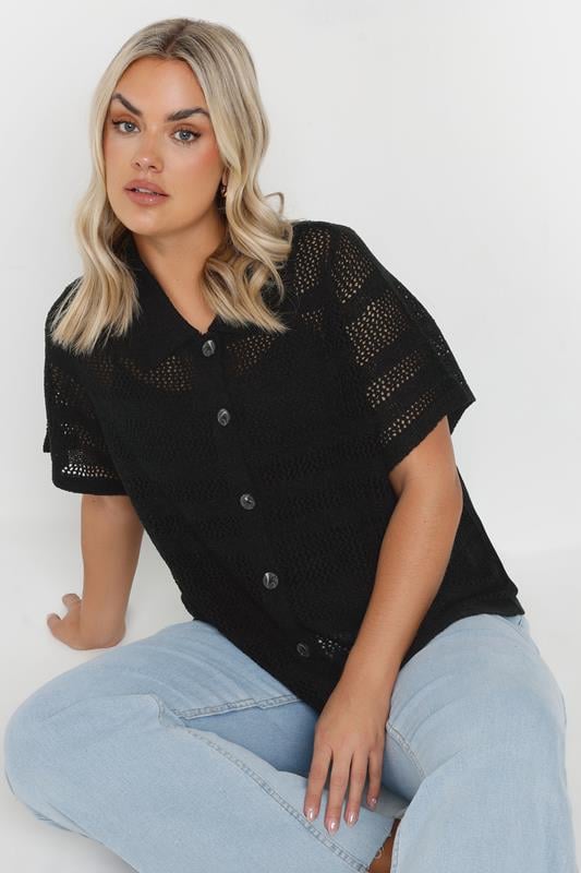 evans YOURS Curve Black Collared Crochet Knitted Top