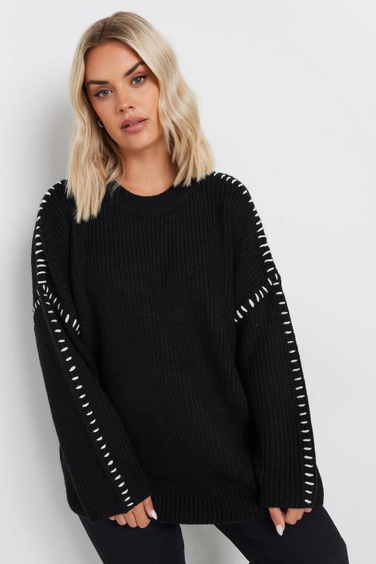 Evans YOURS Curve Black Contrast Blanket Stitch Jumper