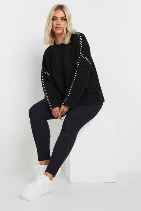 Evans YOURS Curve Black Contrast Blanket Stitch Jumper