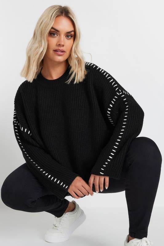 evans YOURS Curve Black Contrast Blanket Stitch Jumper