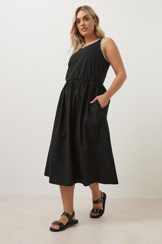Evans YOURS Curve Black Contrast Blanket Stitch Midi Dress