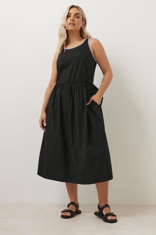 evans YOURS Curve Black Contrast Blanket Stitch Midi Dress