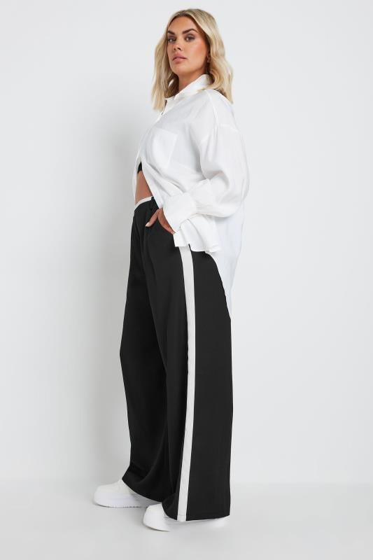 Evans YOURS Curve Black Contrast Side Stripe Wide Leg Trousers