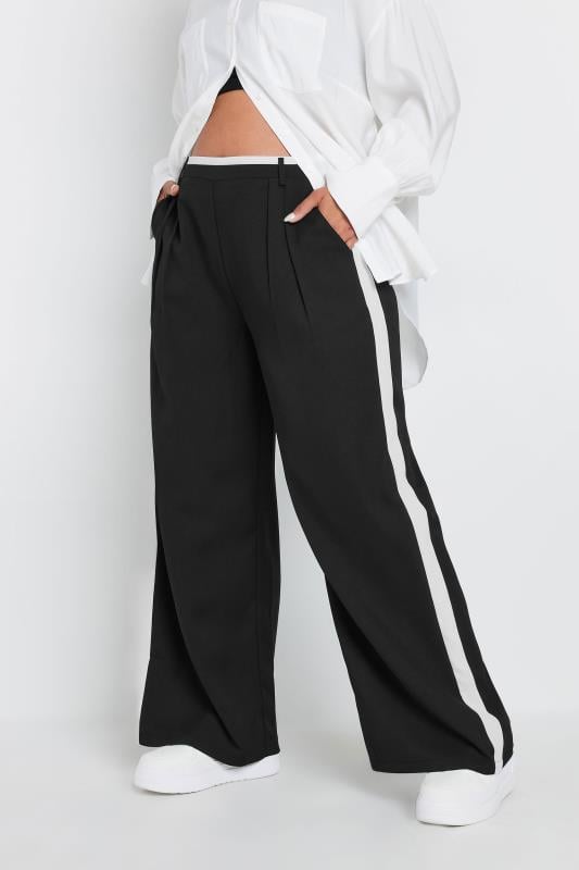 evans YOURS Curve Black Contrast Side Stripe Wide Leg Trousers