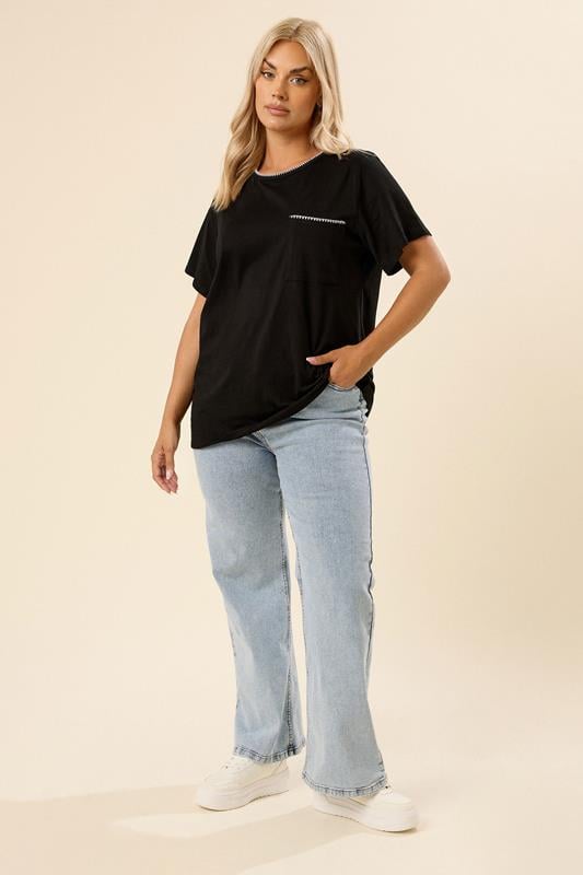 Evans YOURS Curve Black Contrast Stitch Pocket Heavyweight T-Shirt