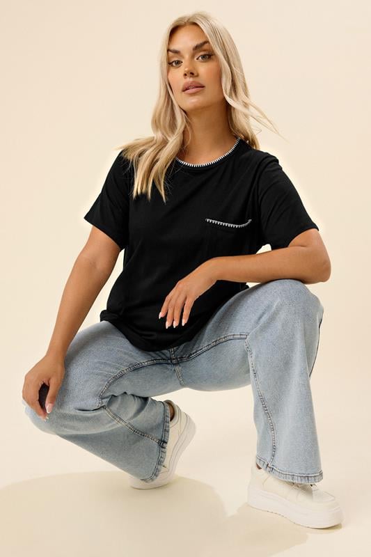 evans YOURS Curve Black Contrast Stitch Pocket Heavyweight T-Shirt