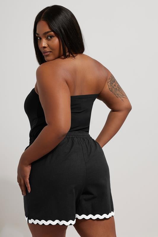 Evans YOURS Curve Black Contrast Swirl Embroidered Hem Shorts