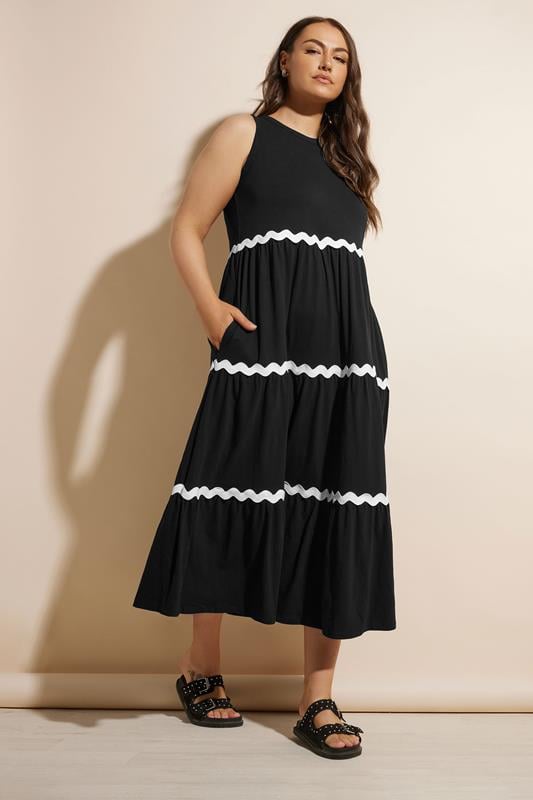 Evans YOURS Curve Black Contrast Swirl Tiered Maxi Dress