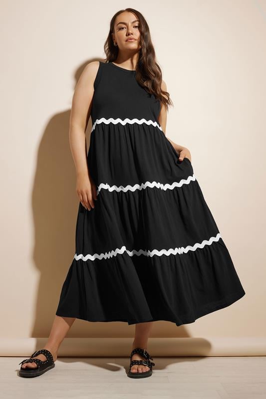 evans YOURS Curve Black Contrast Swirl Tiered Maxi Dress