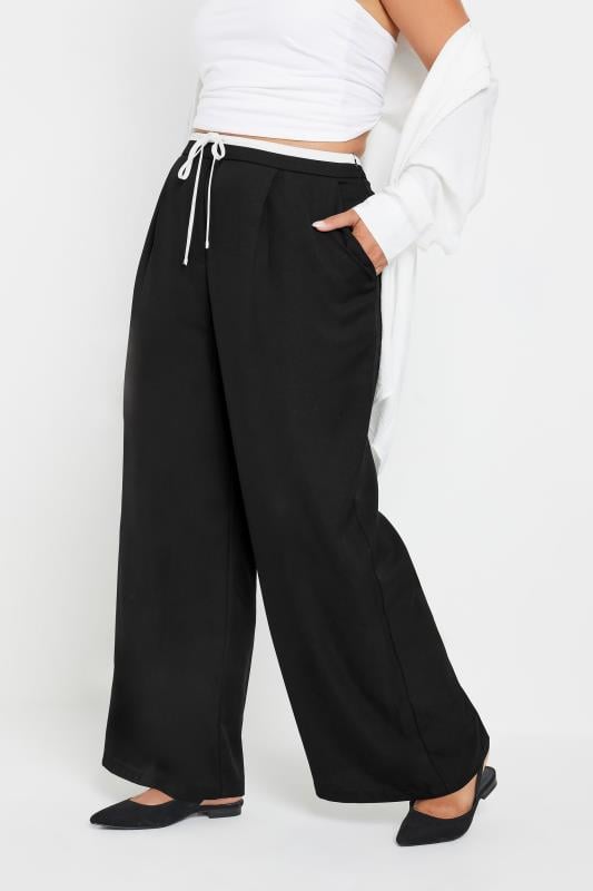 Evans YOURS Curve Black Contrast Waist Wide Leg Trousers