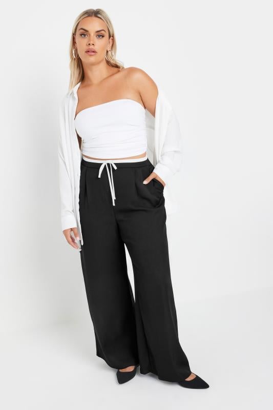 Evans YOURS Curve Black Contrast Waist Wide Leg Trousers