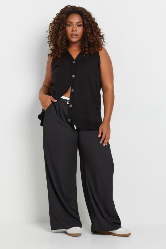 evans YOURS Curve Black Contrast Waist Wide Leg Trousers