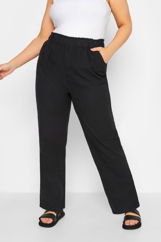 evans YOURS Curve Black Cool Cotton Wide Leg Trousers