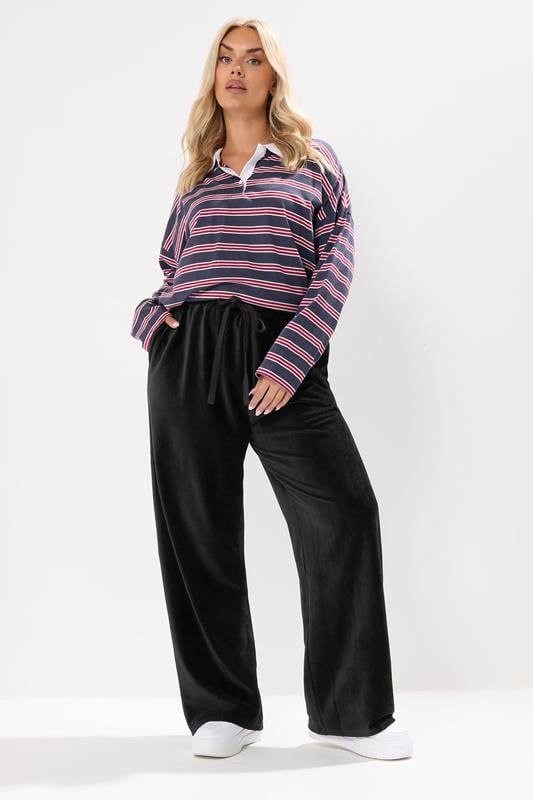 evans YOURS Curve Black Cord Drawstring Wide Leg Trousers