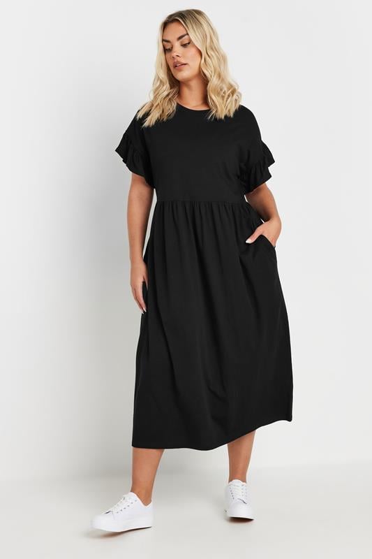 Evans YOURS Curve Black Cotton Frill Sleeve Midaxi Dress