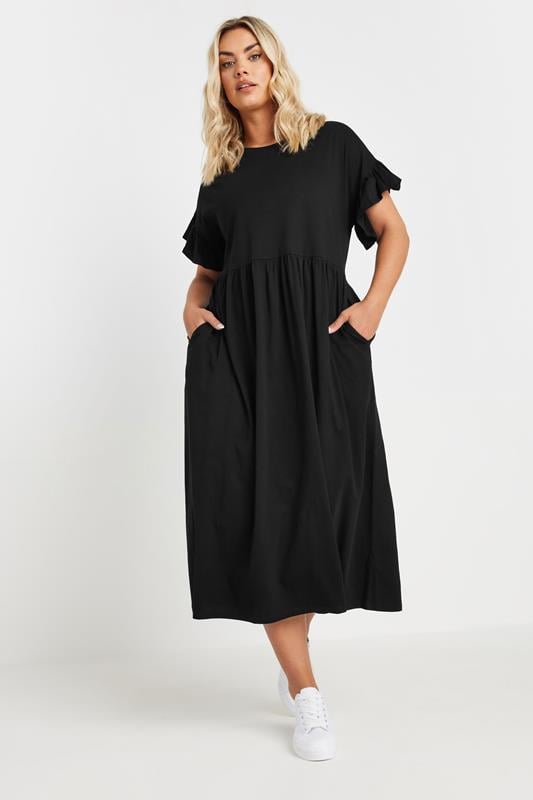 evans YOURS Curve Black Cotton Frill Sleeve Midaxi Dress