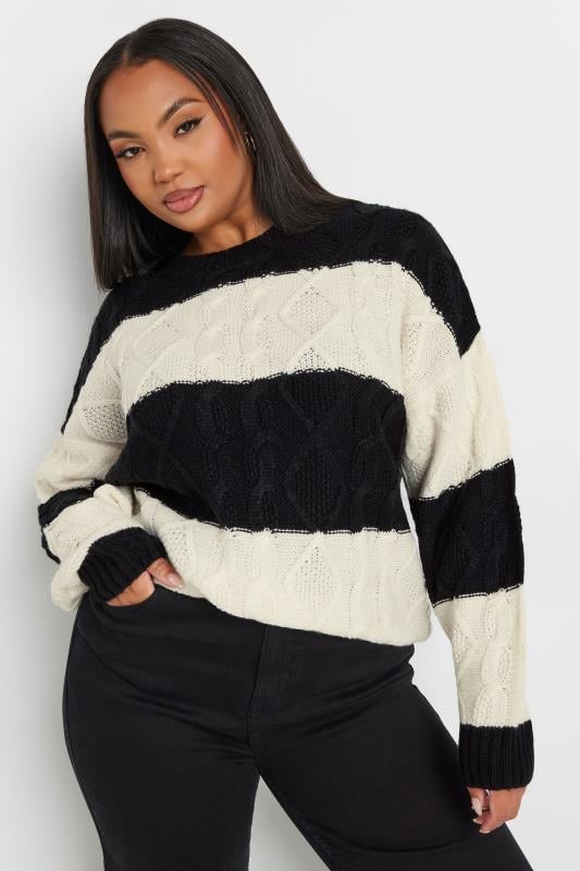 Evans YOURS Curve Black & Cream Stripe Cable Twist Jumper